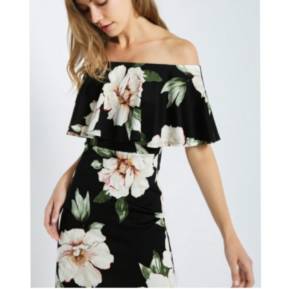 Floral Off Shoulder Black Dress